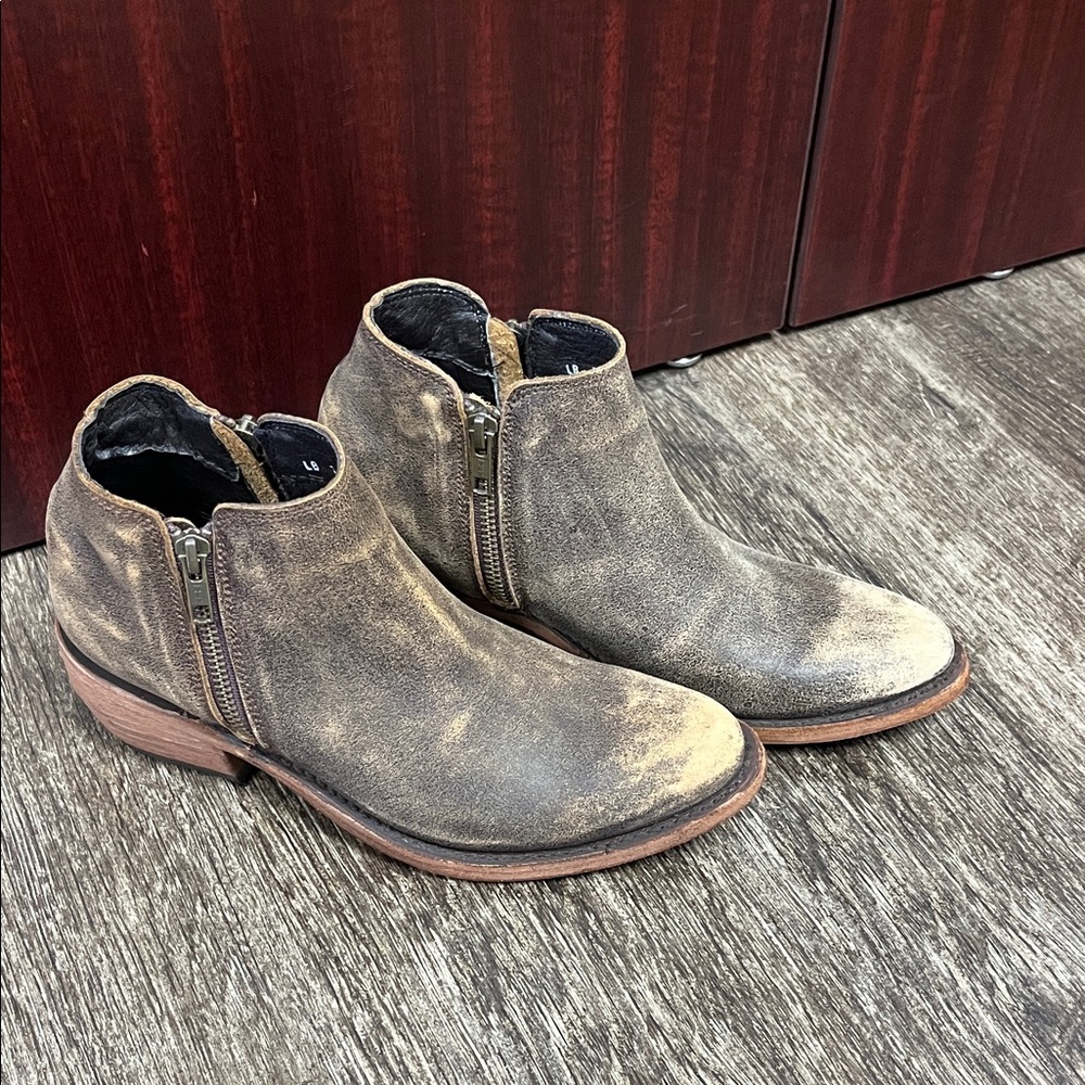 LIBERTY Black Women's Distressed Taupe Leather Ankle Booties